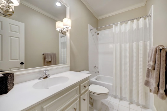 bathroom with shower / bath combination with curtain, tile patterned floors, vanity, toilet, and ornamental molding