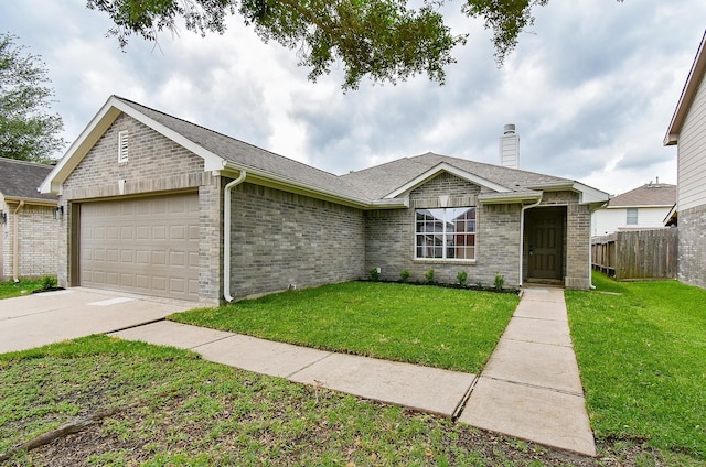 single story home featuring an attached garage, a front lawn, fence, and a chimney