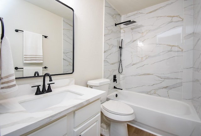 bathroom with toilet, washtub / shower combination, wood finished floors, and vanity