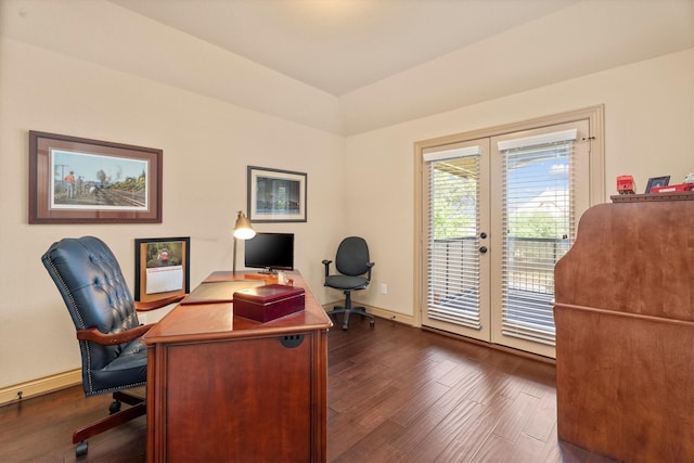 home office featuring baseboards, french doors, and dark wood finished floors