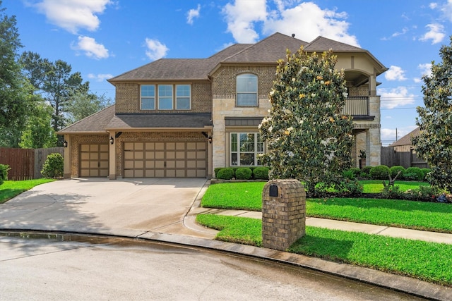 view of front of home with fence, a front yard, brick siding, a shingled roof, and concrete driveway