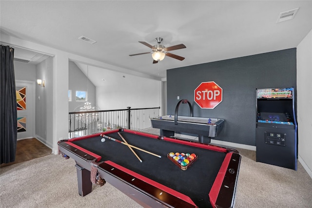 recreation room with pool table, carpet, a ceiling fan, and visible vents