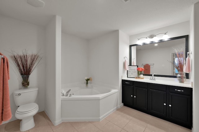 full bathroom with toilet, a bath, tile patterned flooring, vanity, and baseboards