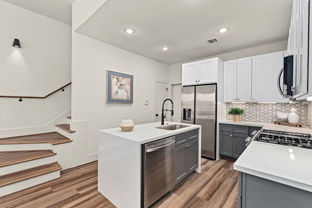 881 Rachel St Unit F, Houston, TX 77091 - kitchen featuring visible vents, an island with sink, gray cabinets, a sink, and appliances with stainless steel finishes