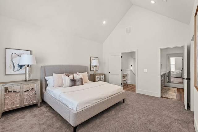 881 Rachel St Unit F, Houston, TX 77091 - bedroom featuring visible vents, high vaulted ceiling, baseboards, carpet, and recessed lighting