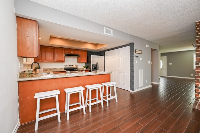 kitchen featuring appliances with stainless steel finishes, a sink, a peninsula, under cabinet range hood, and visible vents