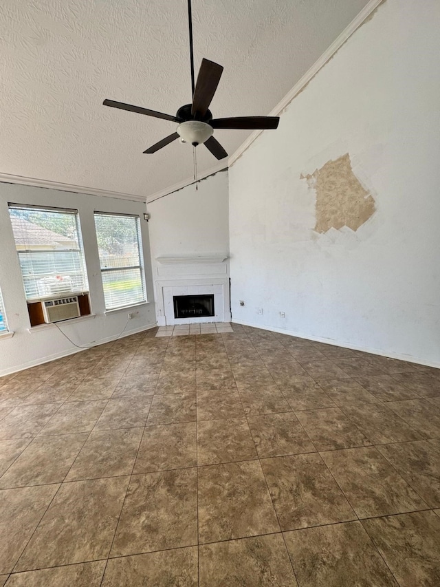 unfurnished living room featuring a textured ceiling, ceiling fan, lofted ceiling, and cooling unit