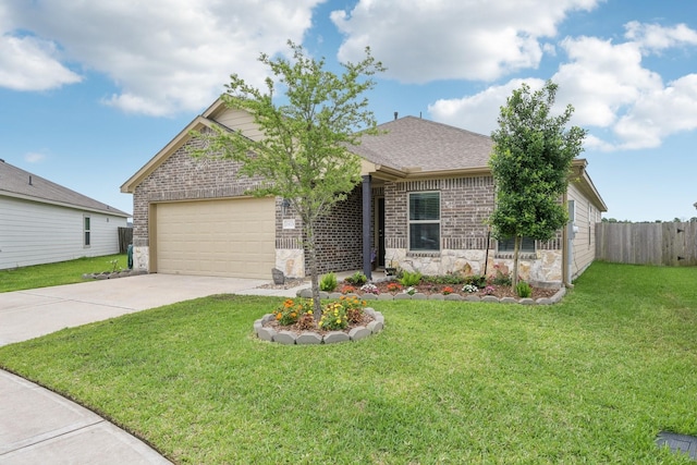 ranch-style house featuring a front lawn, fence, stone siding, concrete driveway, and an attached garage