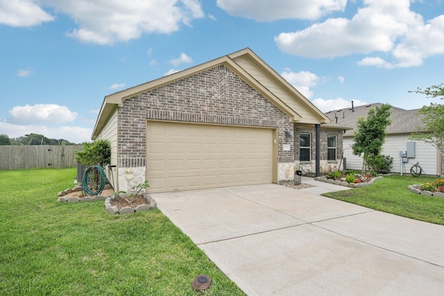 ranch-style house with a front lawn, fence, stone siding, an attached garage, and driveway