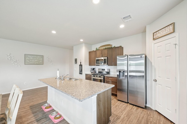 kitchen with visible vents, appliances with stainless steel finishes, a center island with sink, a sink, and light wood finished floors