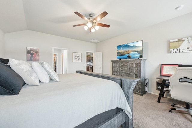 bedroom with a ceiling fan, visible vents, baseboards, lofted ceiling, and light carpet