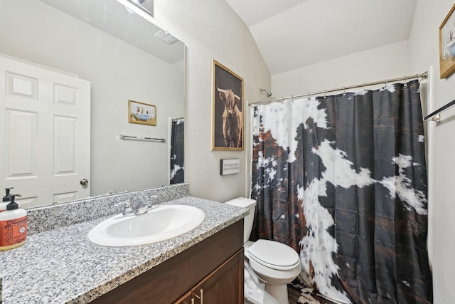 full bathroom with toilet, curtained shower, lofted ceiling, and vanity