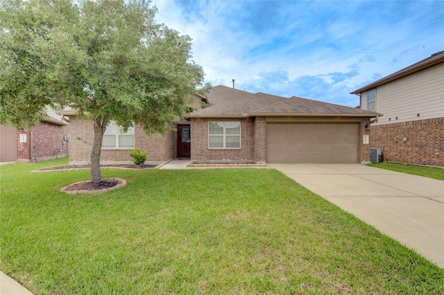 ranch-style house featuring a front lawn, roof with shingles, brick siding, concrete driveway, and an attached garage