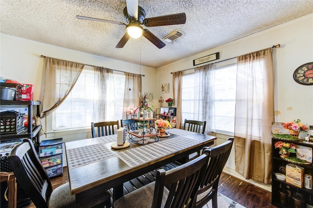 dining area featuring a wealth of natural light, a ceiling fan, a textured ceiling, and visible vents