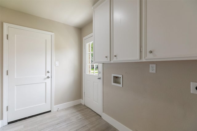 laundry area featuring hookup for an electric dryer, light wood-type flooring, cabinet space, baseboards, and hookup for a washing machine