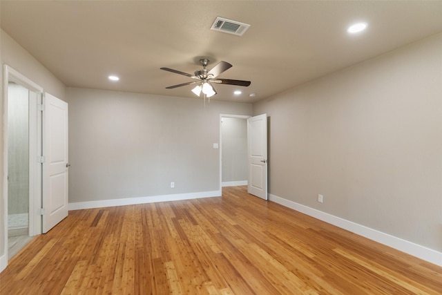 unfurnished bedroom with ceiling fan, light wood finished floors, recessed lighting, baseboards, and visible vents