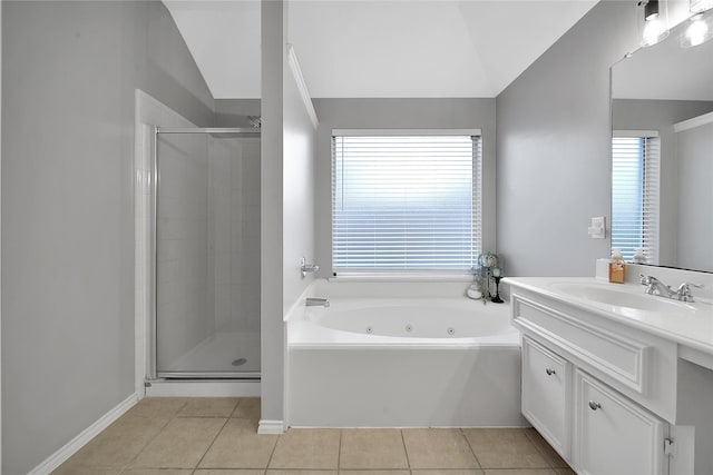 bathroom featuring vanity, tile patterned floors, a stall shower, and a tub with jets