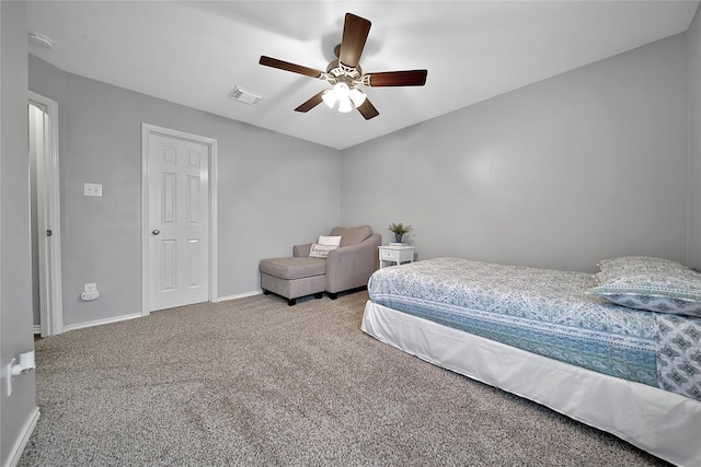 bedroom featuring visible vents, carpet, ceiling fan, and baseboards