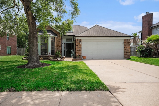 2025 Reef Dr, League City, TX 77573 - ranch-style home featuring fence, a front lawn, brick siding, a garage, and concrete driveway