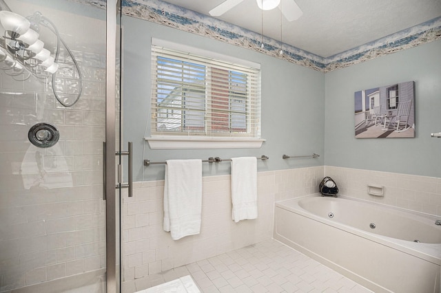 2025 Reef Dr, League City, TX 77573 - full bathroom featuring a whirlpool tub, ceiling fan, and a stall shower