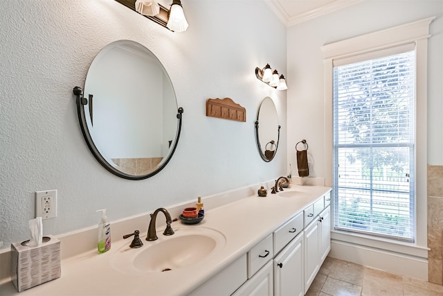 bathroom with a sink, crown molding, and double vanity