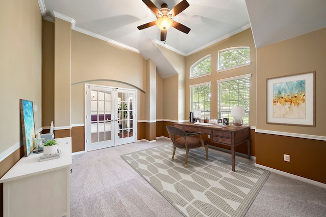 11014 Via Capri Ct, Richmond, TX 77406 - office featuring french doors, light colored carpet, a high ceiling, ornamental molding, and ceiling fan