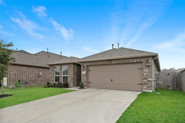 single story home featuring concrete driveway, brick siding, a garage, and roof with shingles