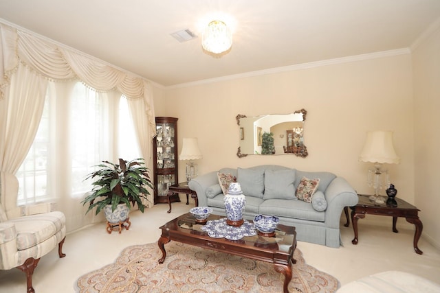 12219 Renaissance Ln, Houston, TX 77071 - living area with carpet floors, visible vents, and ornamental molding