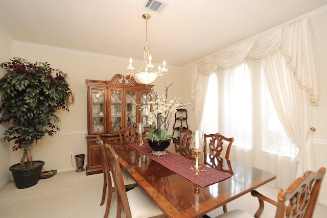 12219 Renaissance Ln, Houston, TX 77071 - dining space featuring visible vents, ornamental molding, baseboards, and a notable chandelier
