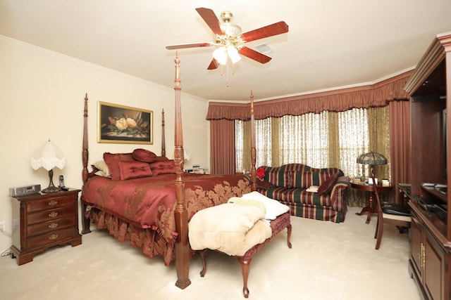 12219 Renaissance Ln, Houston, TX 77071 - bedroom featuring ornamental molding, light carpet, a ceiling fan, and visible vents
