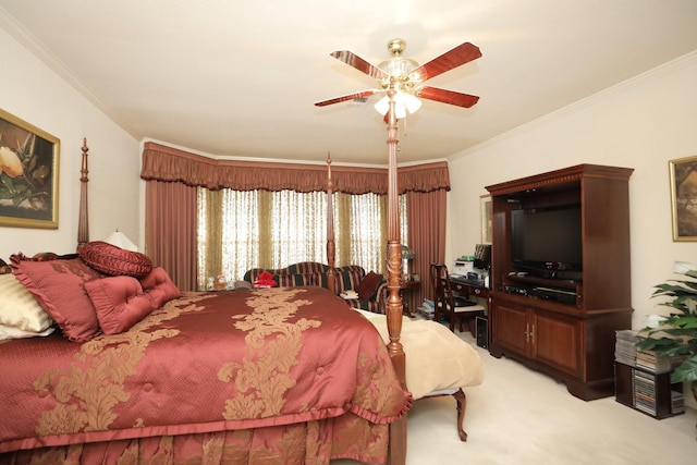 12219 Renaissance Ln, Houston, TX 77071 - bedroom with ornamental molding, light carpet, and ceiling fan