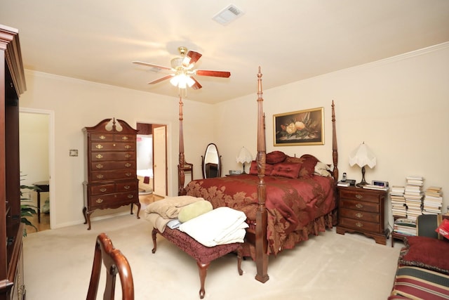 12219 Renaissance Ln, Houston, TX 77071 - carpeted bedroom with ornamental molding, ceiling fan, and visible vents