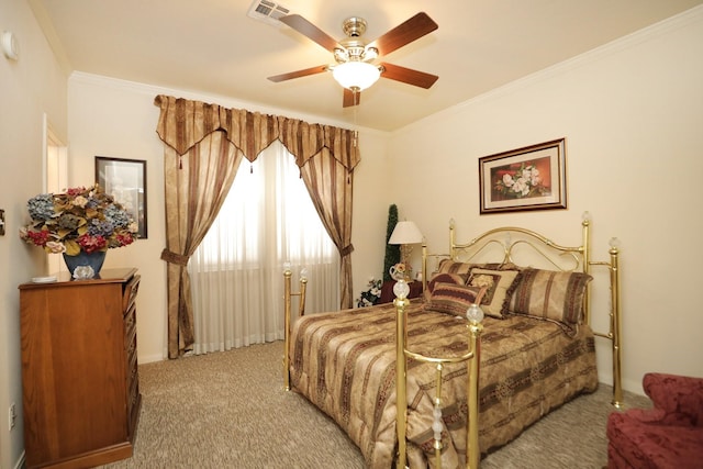 12219 Renaissance Ln, Houston, TX 77071 - bedroom with crown molding, carpet, a ceiling fan, and visible vents