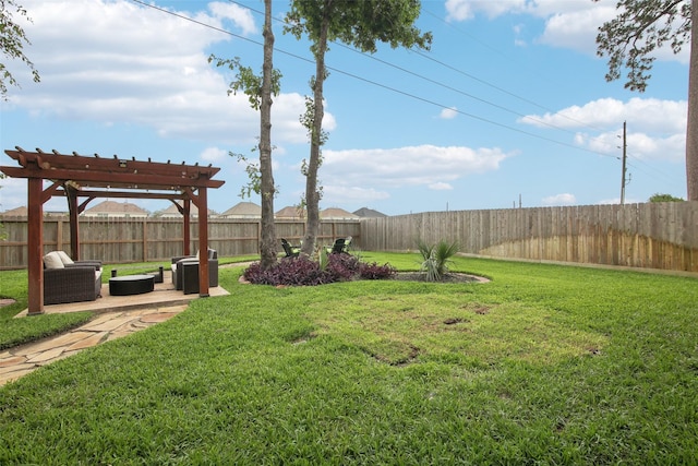 view of yard with a patio, a pergola, and a fenced backyard