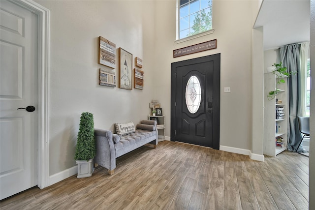 entryway featuring baseboards and light wood-type flooring