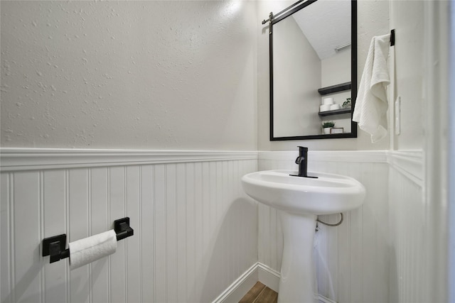 bathroom featuring wainscoting and wood finished floors