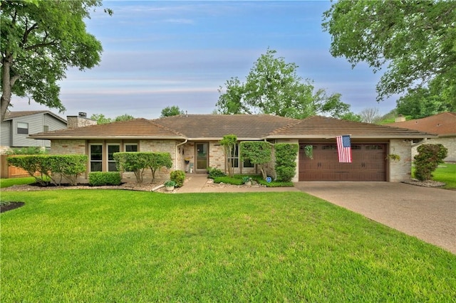 ranch-style home featuring a front lawn, stone siding, a garage, a chimney, and concrete driveway