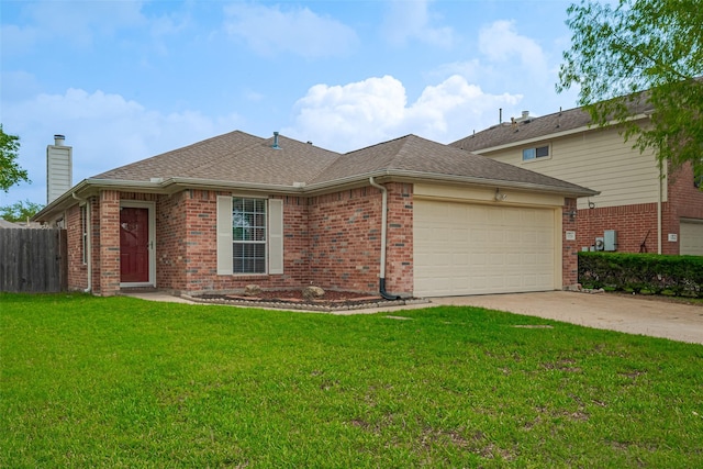 single story home with fence, a front yard, brick siding, concrete driveway, and an attached garage
