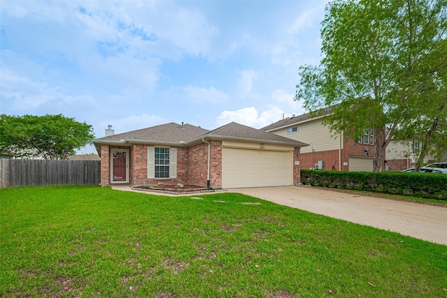 single story home featuring driveway, brick siding, fence, a front lawn, and an attached garage