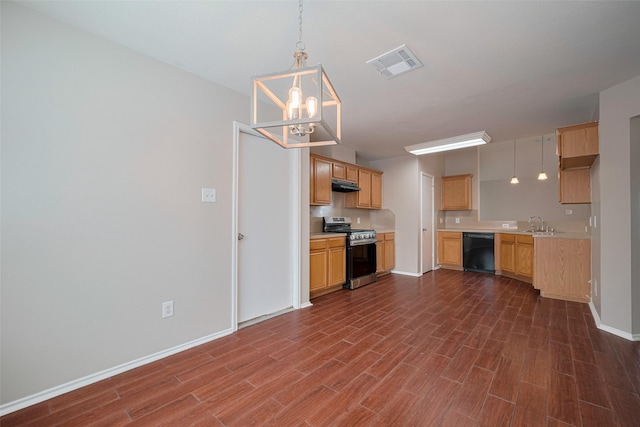 kitchen with visible vents, black dishwasher, stainless steel range with gas cooktop, a chandelier, and under cabinet range hood