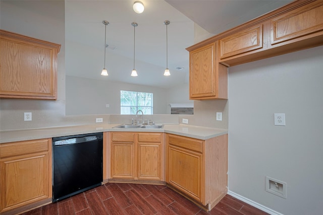 kitchen featuring a sink, a peninsula, light brown cabinets, black dishwasher, and dark wood-type flooring