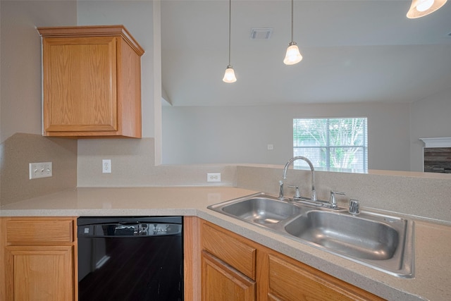 kitchen with visible vents, hanging light fixtures, a sink, light countertops, and black dishwasher