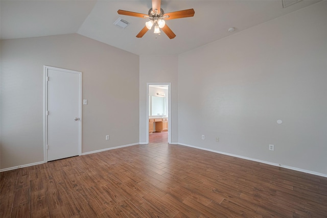 unfurnished room featuring a ceiling fan, visible vents, wood finished floors, baseboards, and lofted ceiling