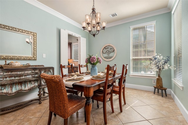 20687 Lavone Dr, Porter, TX 77365 - dining space with ornamental molding, a chandelier, light tile patterned flooring, plenty of natural light, and baseboards