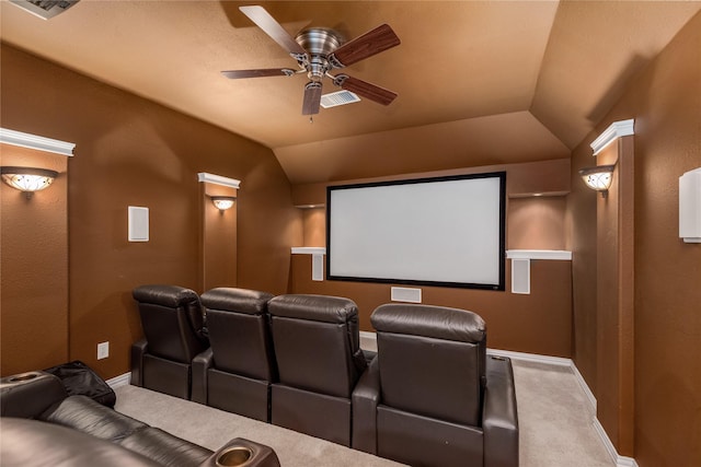 20687 Lavone Dr, Porter, TX 77365 - cinema room with carpet floors, ceiling fan, baseboards, and vaulted ceiling