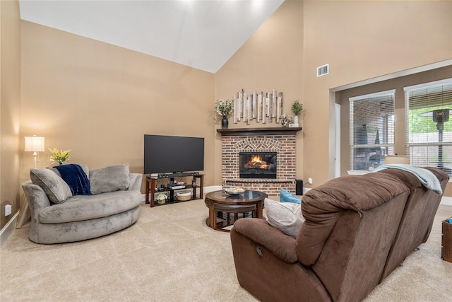 20687 Lavone Dr, Porter, TX 77365 - carpeted living room with high vaulted ceiling, a brick fireplace, and baseboards