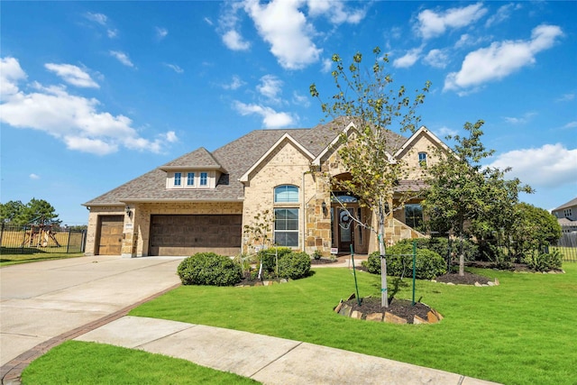 25034 Jennifer Heights Ct, Spring, TX 77389 - french country inspired facade featuring fence, stone siding, a front yard, concrete driveway, and an attached garage