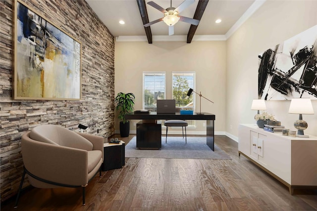25034 Jennifer Heights Ct, Spring, TX 77389 - office area with a ceiling fan, dark wood finished floors, baseboards, beamed ceiling, and coffered ceiling