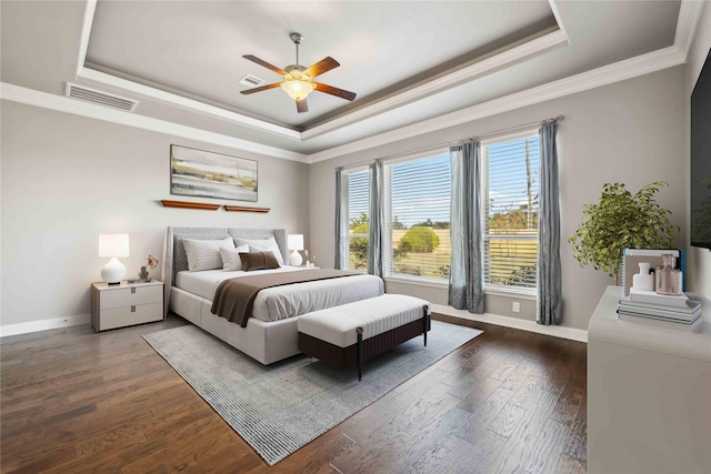 25034 Jennifer Heights Ct, Spring, TX 77389 - bedroom with ornamental molding, a tray ceiling, and visible vents