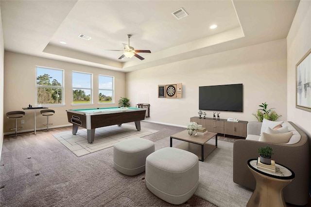 25034 Jennifer Heights Ct, Spring, TX 77389 - rec room featuring carpet flooring, a raised ceiling, baseboards, billiards, and visible vents